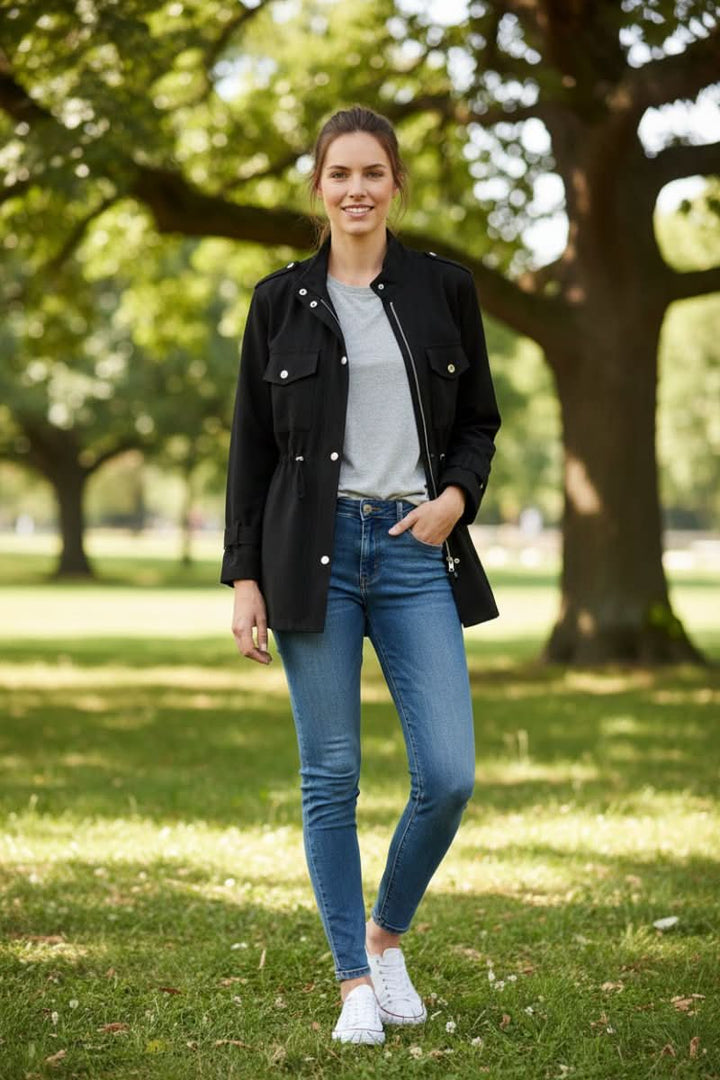 Versatile women's utility jacket with open back, perfect for casual wear & stylish layering. A modern outerwear piece.