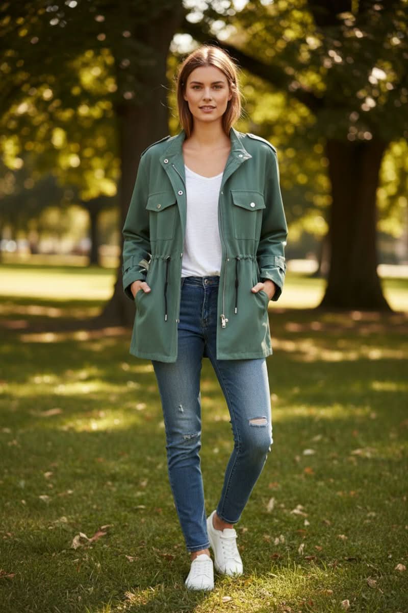 Statement women's utility jacket with a unique open back, perfect for street style. A modern fashion outerwear piece.