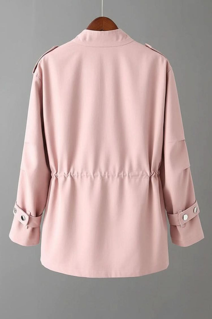 Modern women's fashion utility jacket with a stylish open back, designed for contemporary street style & versatile layering.