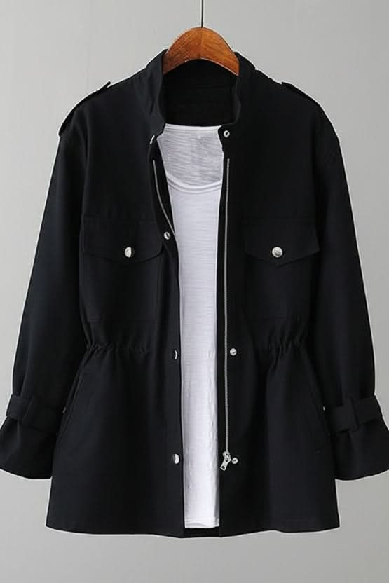 Rugged yet chic women's utility jacket. The stylish open back elevates this outerwear, perfect for a modern casual look.