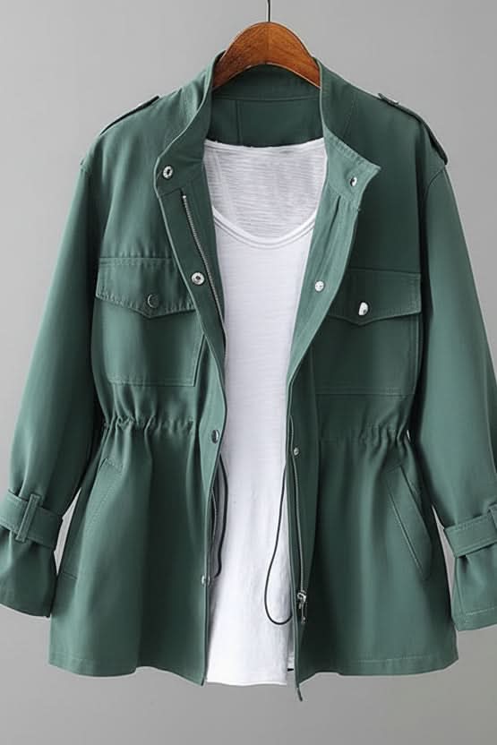 Women's rugged utility jacket. Its stylish open back makes it a unique outerwear choice for fashion-forward casual layering.