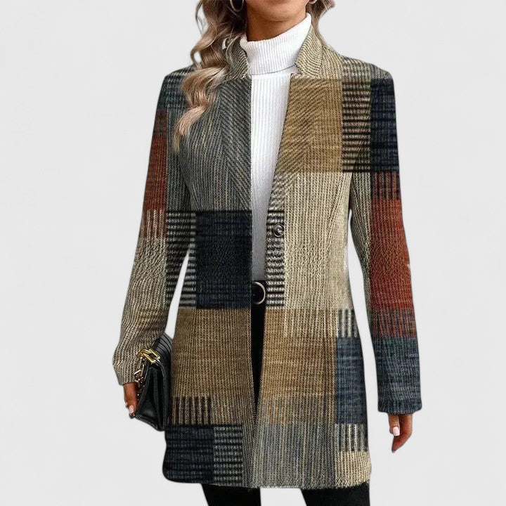 Women's rustic plaid longline blazer in earthy tones, ideal for autumn, smart casual, or business professional layering.
