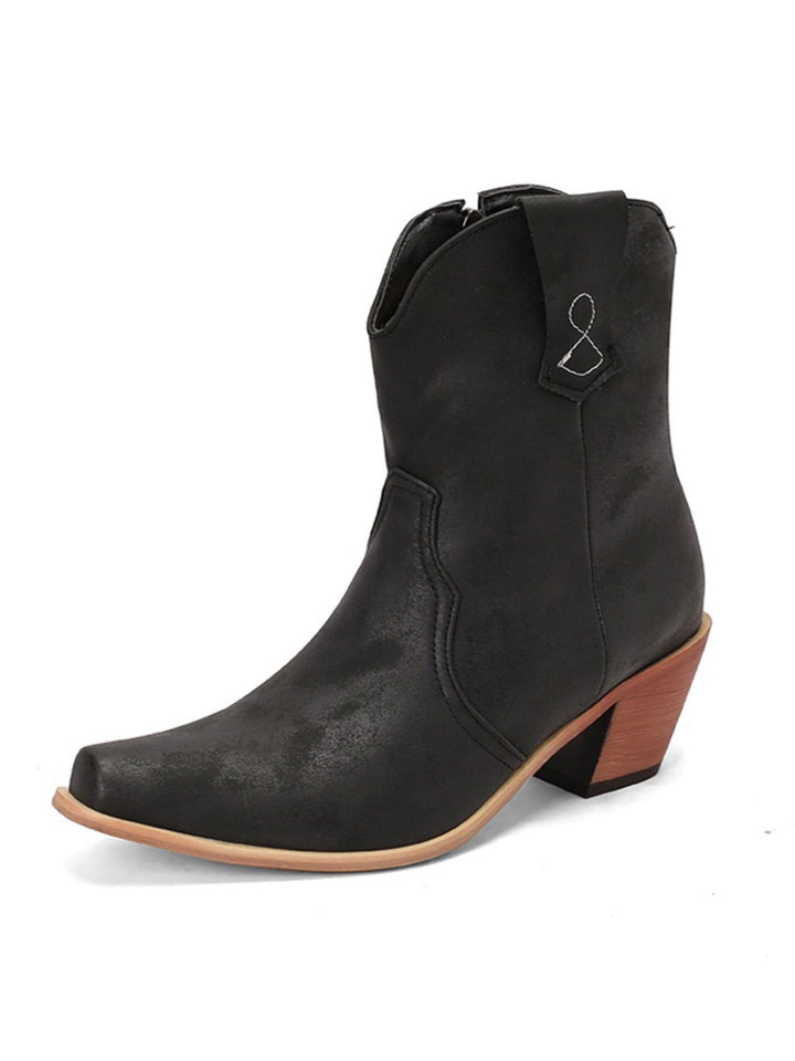 Women's rustic wide calf snip toe cowgirl boots in black with a comfortable block heel, perfect for Western fashion.
