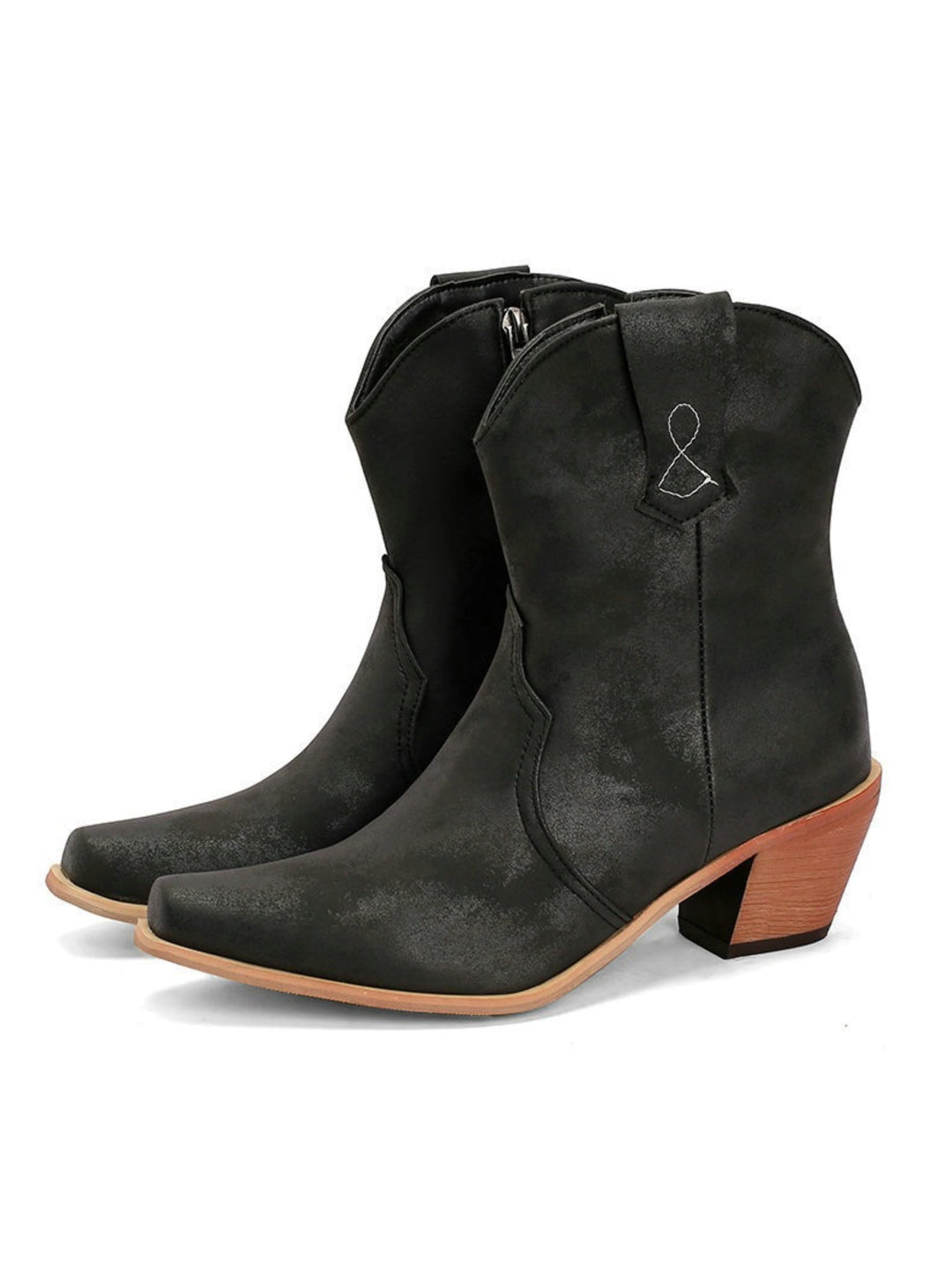 Black rustic wide calf cowgirl boots for women, featuring a stylish snip toe and practical zip-up design.