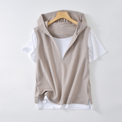 Women's Savannah Layered Hoodie Tee, a relaxed fit V-neck long sleeve top perfect for casual spring & fall outfits.
