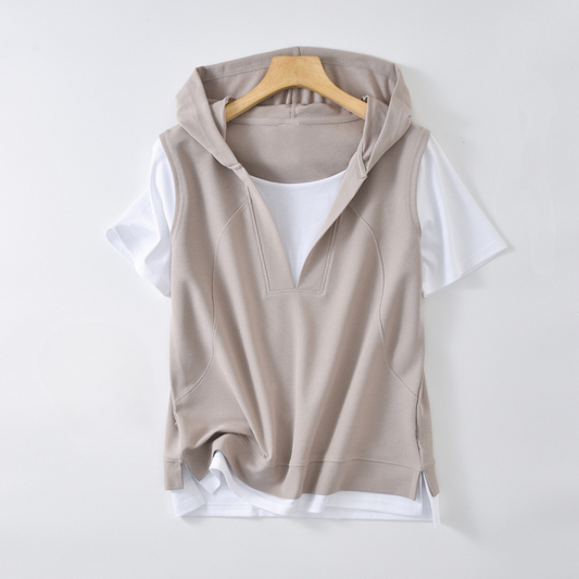 Women's Savannah Layered Hoodie Tee, a relaxed fit V-neck long sleeve top perfect for casual spring & fall outfits.