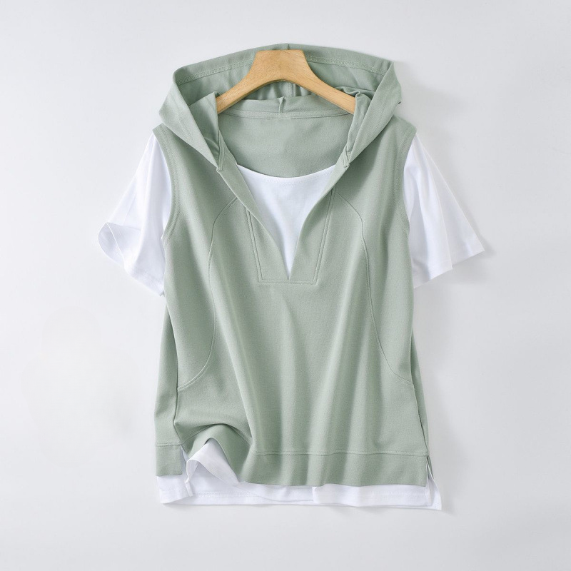 Stylish women's layered hoodie tee with a V-neck, long sleeves, offering a versatile, relaxed fit for everyday casual wear.