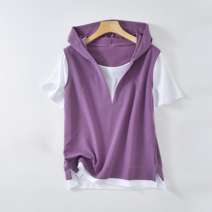 Comfortable women's Savannah layered hoodie tee with a V-neck, long sleeves & relaxed fit for effortless, casual style.
