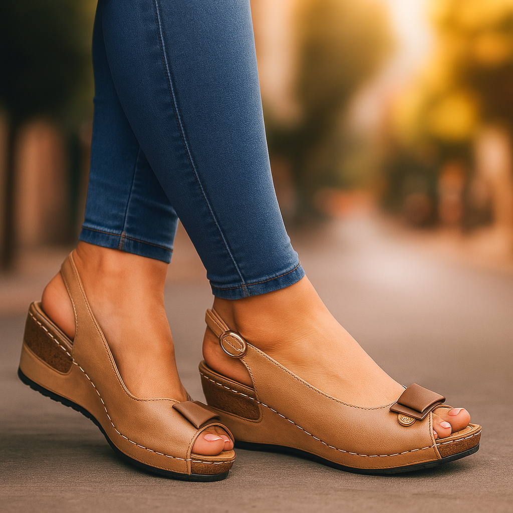 Stylish women's Savina Sling Wedges, perfect summer footwear with comfortable all-day wear & chic bow.