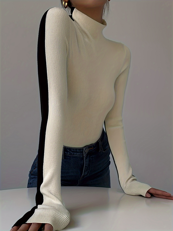 Women's sculpted contrast knit turtleneck sweater, slim fit & elegant.