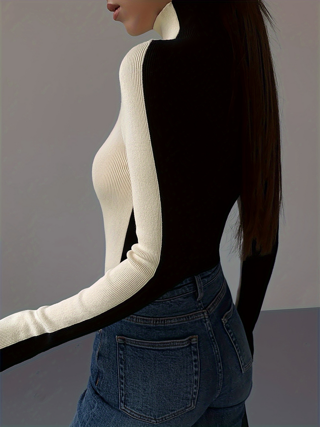Slim fit women's sculpted contrast knit turtleneck sweater, stretch fabric & elegant style.