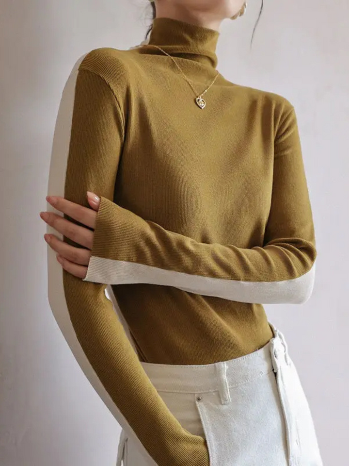 Sculpted women's contrast knit turtleneck sweater, slim fit, stretch, and long sleeve.