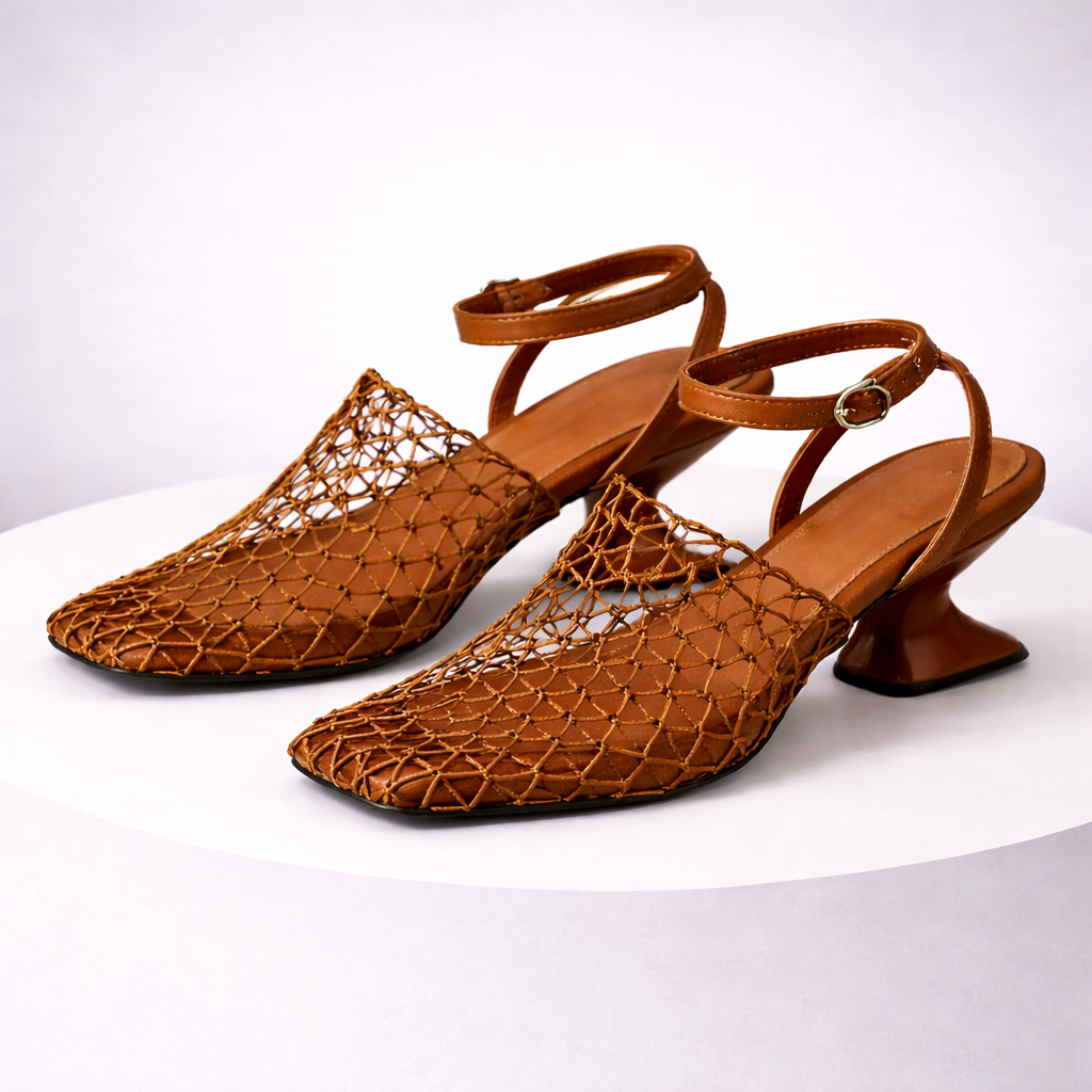 Modern women's dress shoes: pointed toe heels, unique sculpted heel, and chic ankle strap for elegance.