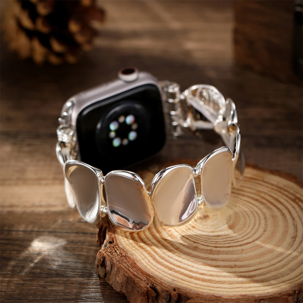Stylish women's sculpted metal watchband, stretch-fit comfort, perfect for daily wear.
