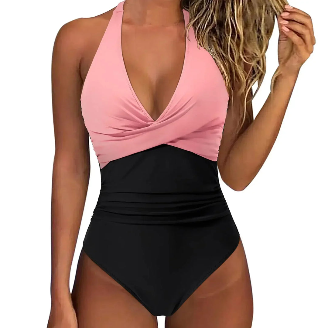 Vacation-ready women's sculpting halter one piece swimsuit, featuring tummy control for stylish swim fashion.