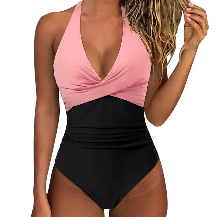 Vacation-ready women's sculpting halter one piece swimsuit, featuring tummy control for stylish swim fashion.