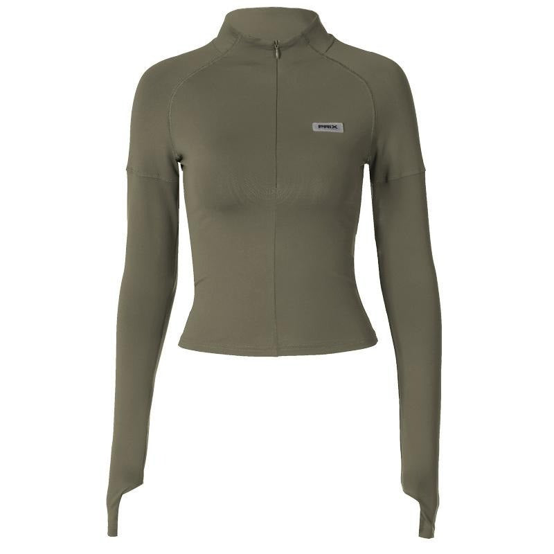 Women's modern sculpting long sleeve zip crop top. A stylish, fitted top for versatile everyday fashion.