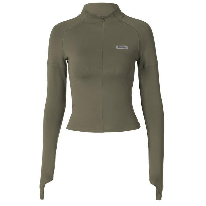 Women's modern sculpting long sleeve zip crop top. A stylish, fitted top for versatile everyday fashion.