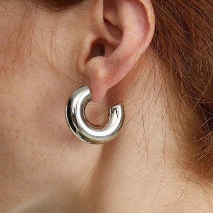 Unique sculptural hoop earrings for women, showcasing a beautiful gold and silver finish. Stylish accessory.