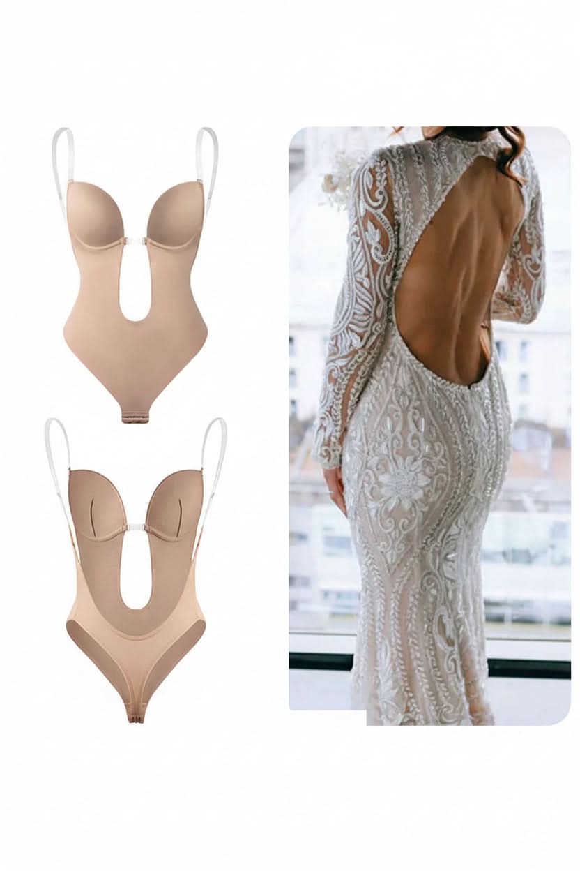 Elegant women's seamless backless body shaper, enhances curves with invisible support.