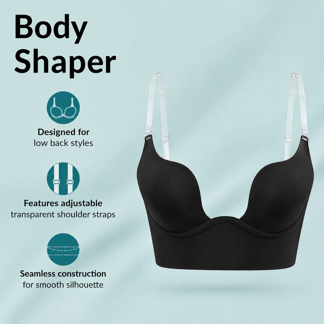 Invisible women's seamless deep U bra with ultra-low back. Ideal for backless dresses and tops.