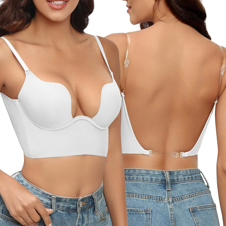 Invisible women's body shaper for formal wear, offering seamless plunge backless support & smoothing.