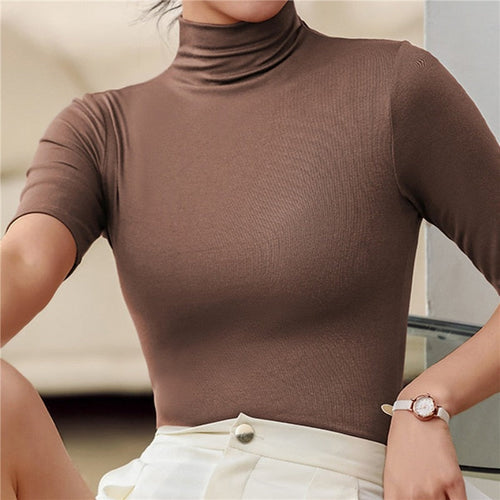 Stylish women's seamless slim fit turtleneck top. Comfortable long sleeve sweater, ideal for chic fall looks.