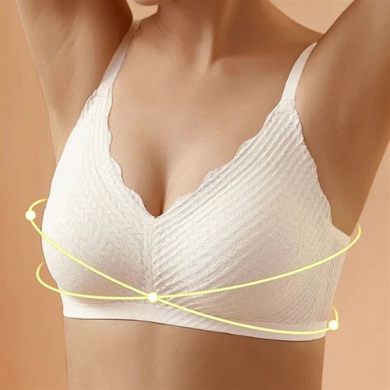 Close-up of a white seamless wireless comfort bra, highlighting its smooth, underwire-free design.