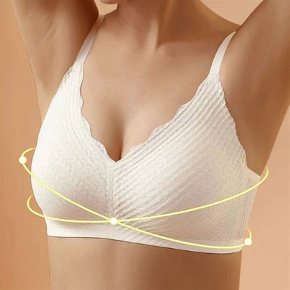 Close-up of a white seamless wireless comfort bra, highlighting its smooth, underwire-free design.