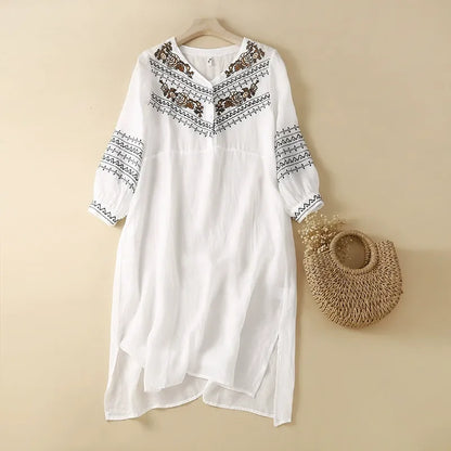 Women's Selena flowy white summer midi dress, perfect for comfortable casual wear & vacation style.