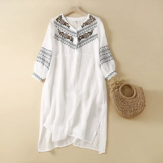 Women's Selena flowy white summer midi dress, perfect for comfortable casual wear & vacation style.