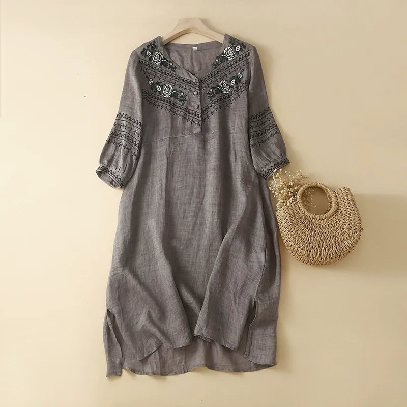 Bohemian beige Selena flowy summer dress for women, ideal for effortless style & casual comfort.