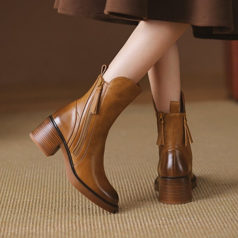 Model wearing Women's Selene Chic Ankle Boots, demonstrating their fashionable look and ideal ankle height.