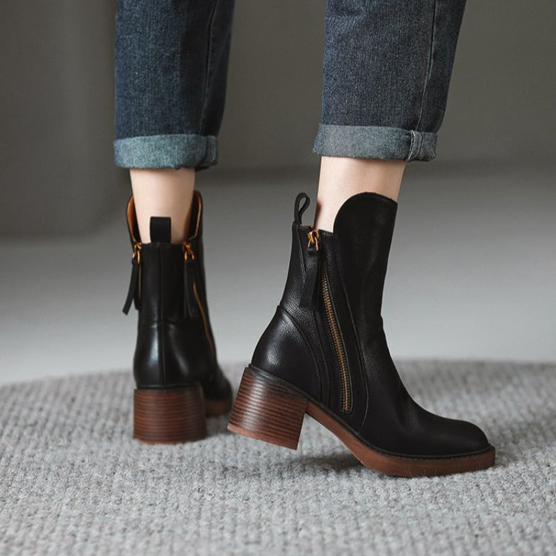 Detailed view of the women's Selene heeled ankle boots, emphasizing the quality craftsmanship and comfortable sole.