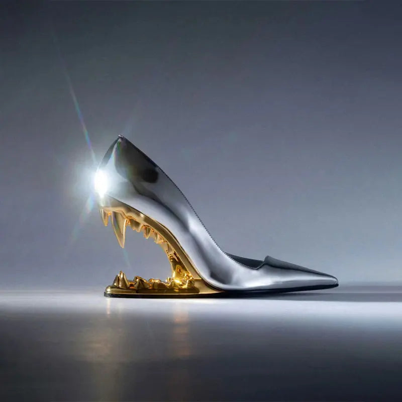 Sleek Women's Selene Tiger Fang Heels. Designer fashion footwear with a unique sculpted heel, ready for parties.