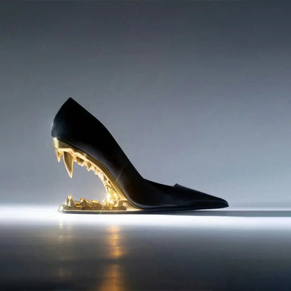 Side view of Women's Selene Tiger Fang Heels. Bold, unique sculpted heels define this statement designer footwear.