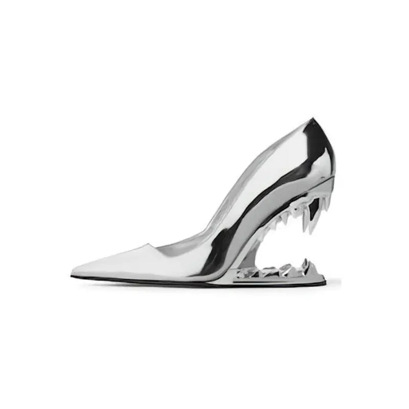Woman wearing Selene Tiger Fang Heels, showcasing bold style & unique sculpted heels. Perfect evening fashion footwear.