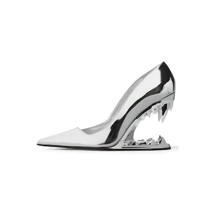 Woman wearing Selene Tiger Fang Heels, showcasing bold style & unique sculpted heels. Perfect evening fashion footwear.
