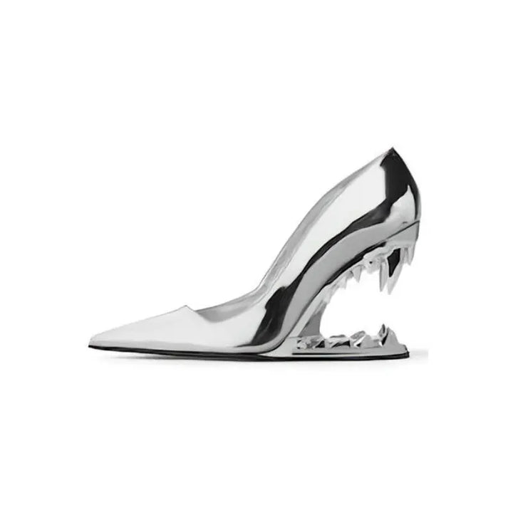 Woman wearing Selene Tiger Fang Heels, showcasing bold style & unique sculpted heels. Perfect evening fashion footwear.
