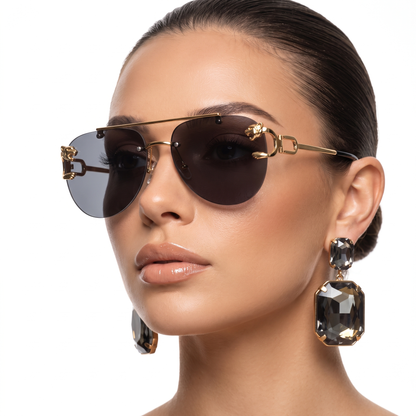 Retro tea-colored semi-rimless women's sunglasses, providing full UV protection for a chic look.