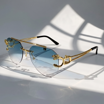 Women's fashion semi-rimless sunglasses in a vibrant blue vintage style, perfect for UV protection.