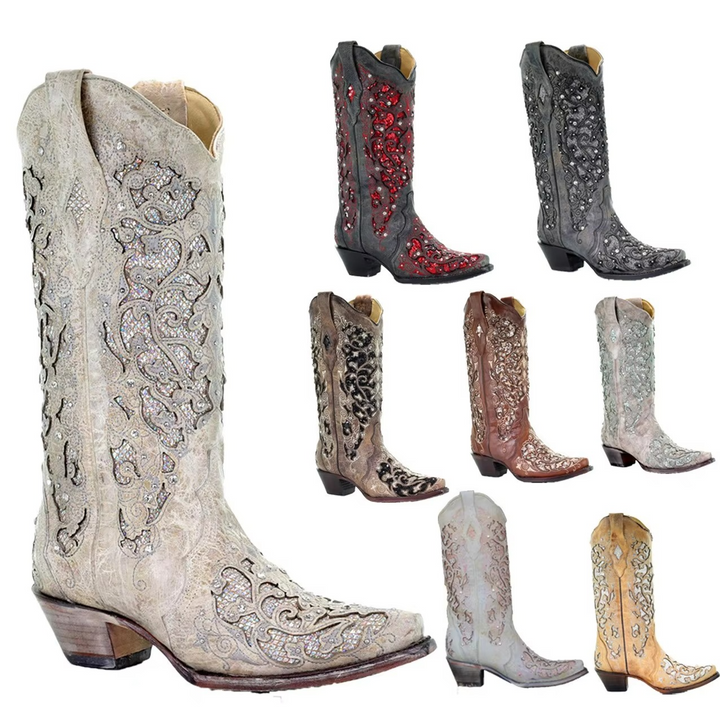 Women's sequin retro long boots with pointed toe and thick heel, perfect for parties.