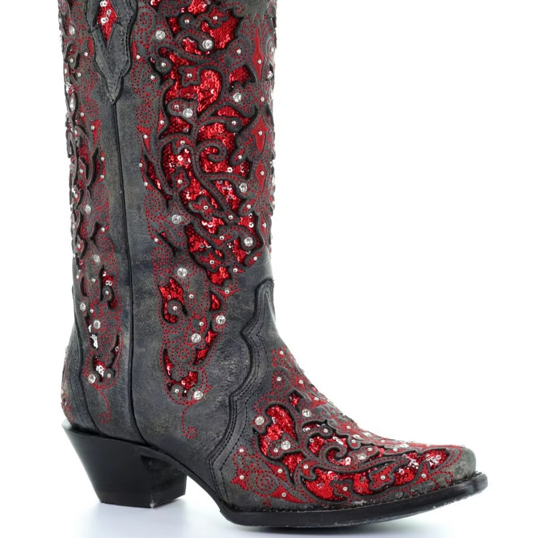 Vintage style sequined women's party boots, pointed toe and comfortable thick heel.