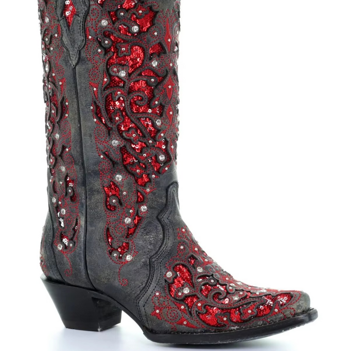 Vintage style sequined women's party boots, pointed toe and comfortable thick heel.