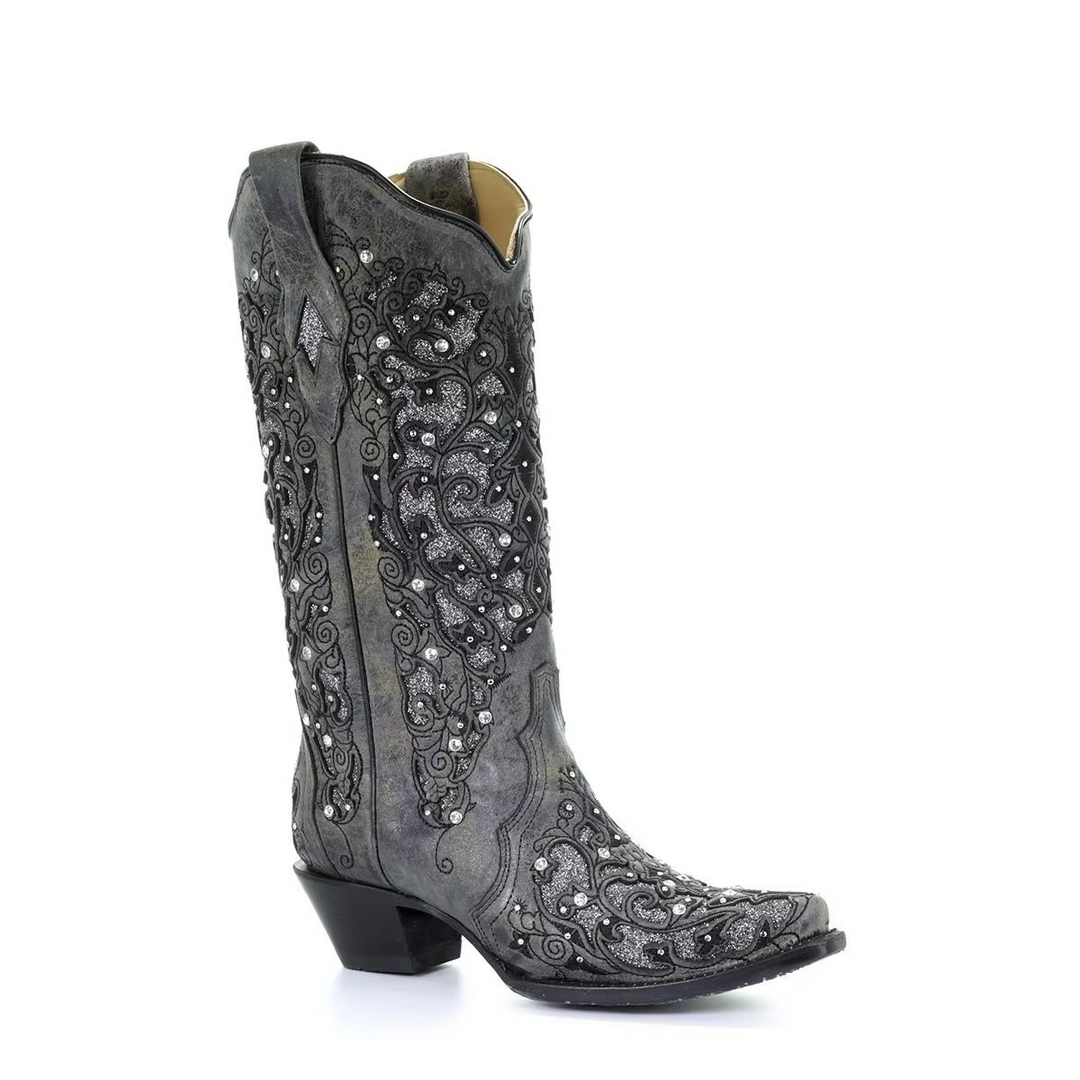 Elegant women's sequin long boots, retro pointed toe, and thick heel for evening wear and events.