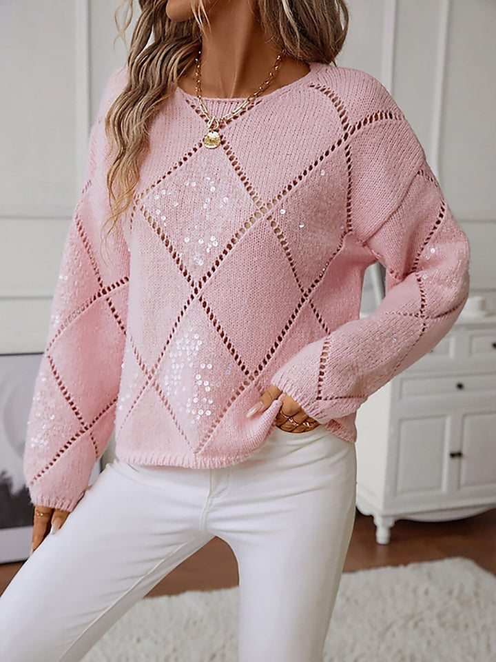 Elegant women's sequin sweater with shimmering diamond pattern; a comfortable sparkle top for parties.