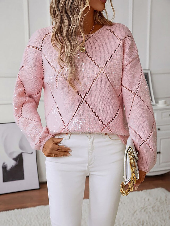 Comfortable women's sequin sweater with a sparkling diamond pattern; an elegant festive top.