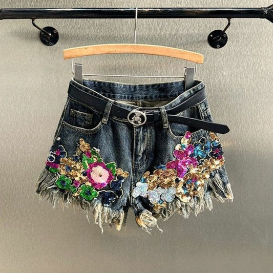Women's sequined floral shorts, perfect for summer fashion & unique vacation outfits. Sparkle & style.