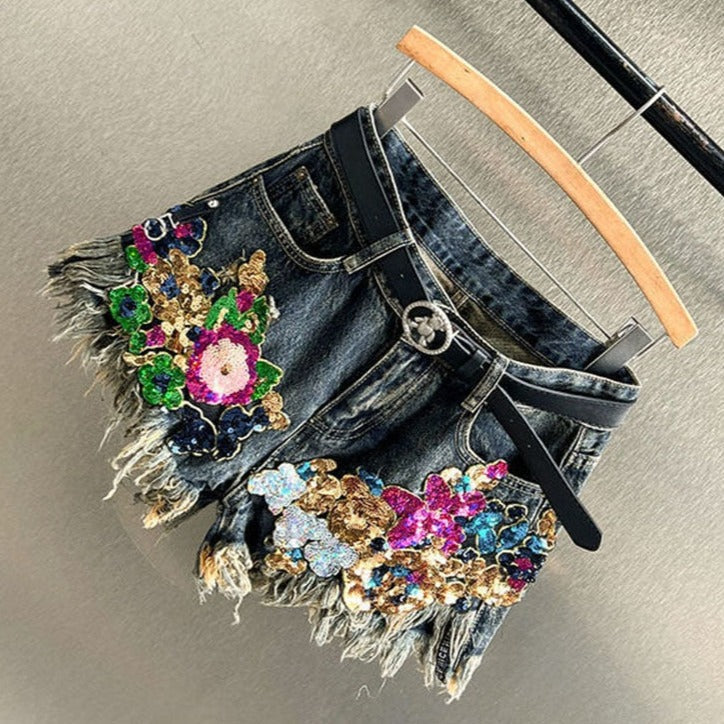 Sparkling women's sequined floral shorts. Unique summer fashion & embellished bottoms with handmade details.