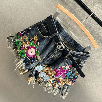 Sparkling women's sequined floral shorts. Unique summer fashion & embellished bottoms with handmade details.